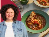 Portrait of Julia Turshen alongside bowls of tomato, white bean, and fennel soup