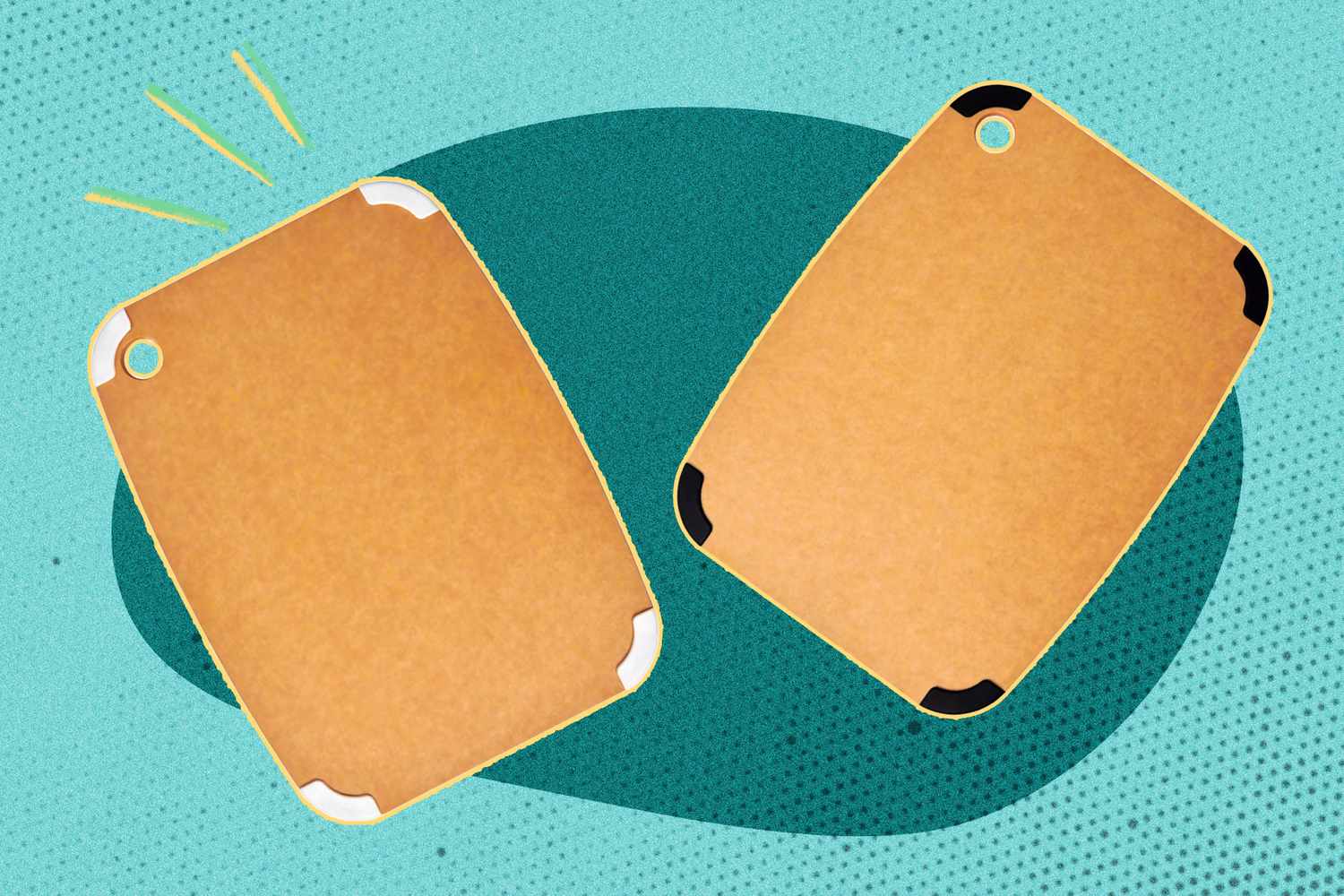 Two cutting boards with corner protectors on a teal background