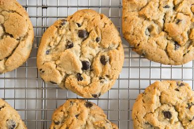 Chocolate chip cookies cooling on a wire rack