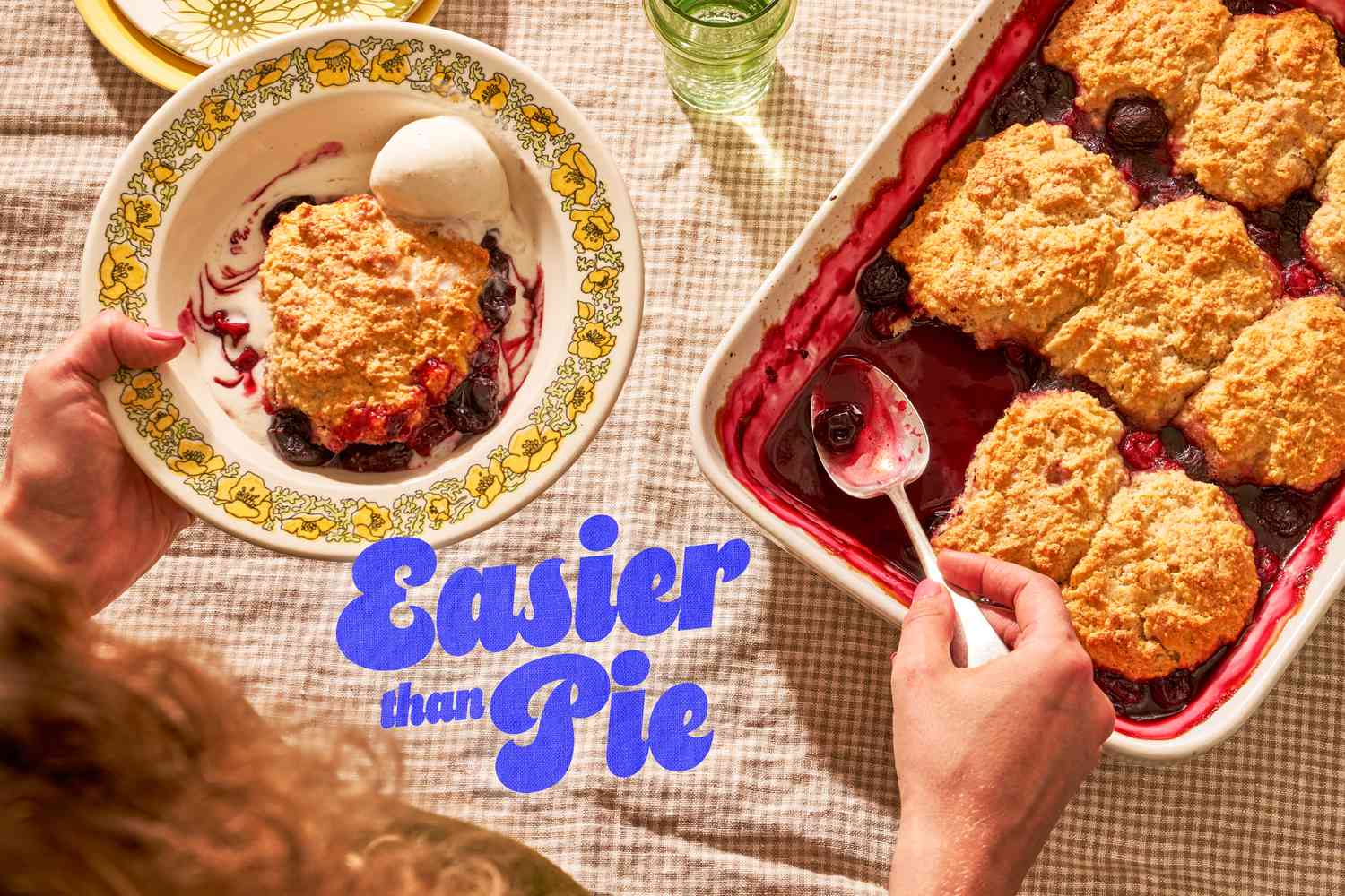 Cherry cobbler in a baking dish with text overlay "Easier Than Pie"