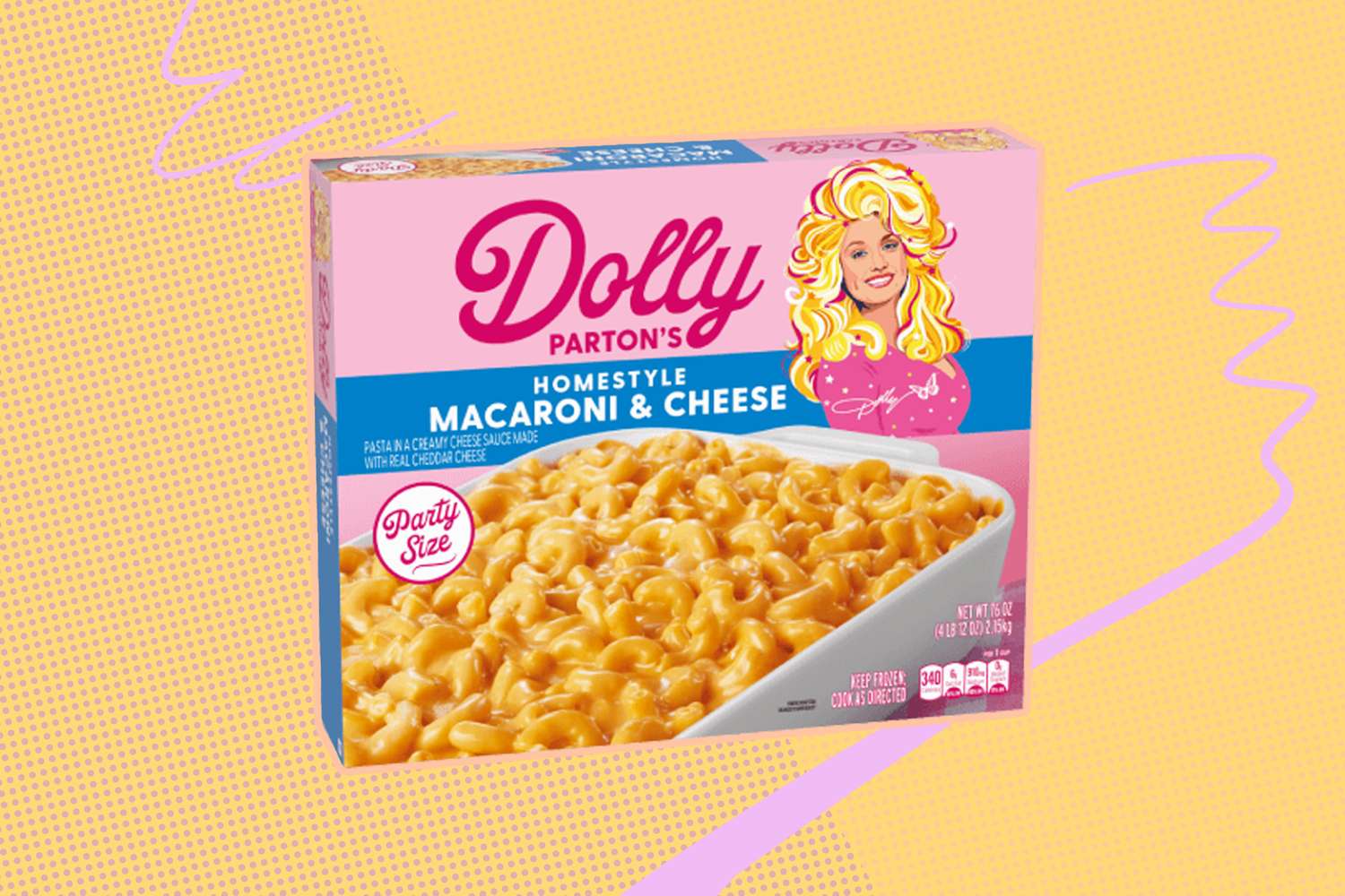 Packaging for Dolly Parton's Homestyle Macaroni and Cheese