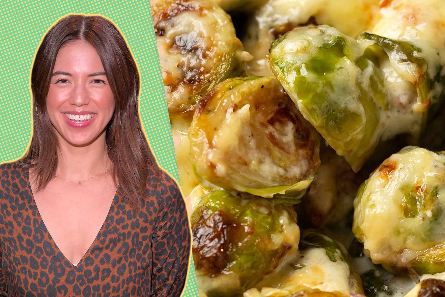 A smiling individual beside roasted brussels sprouts with a creamy topping