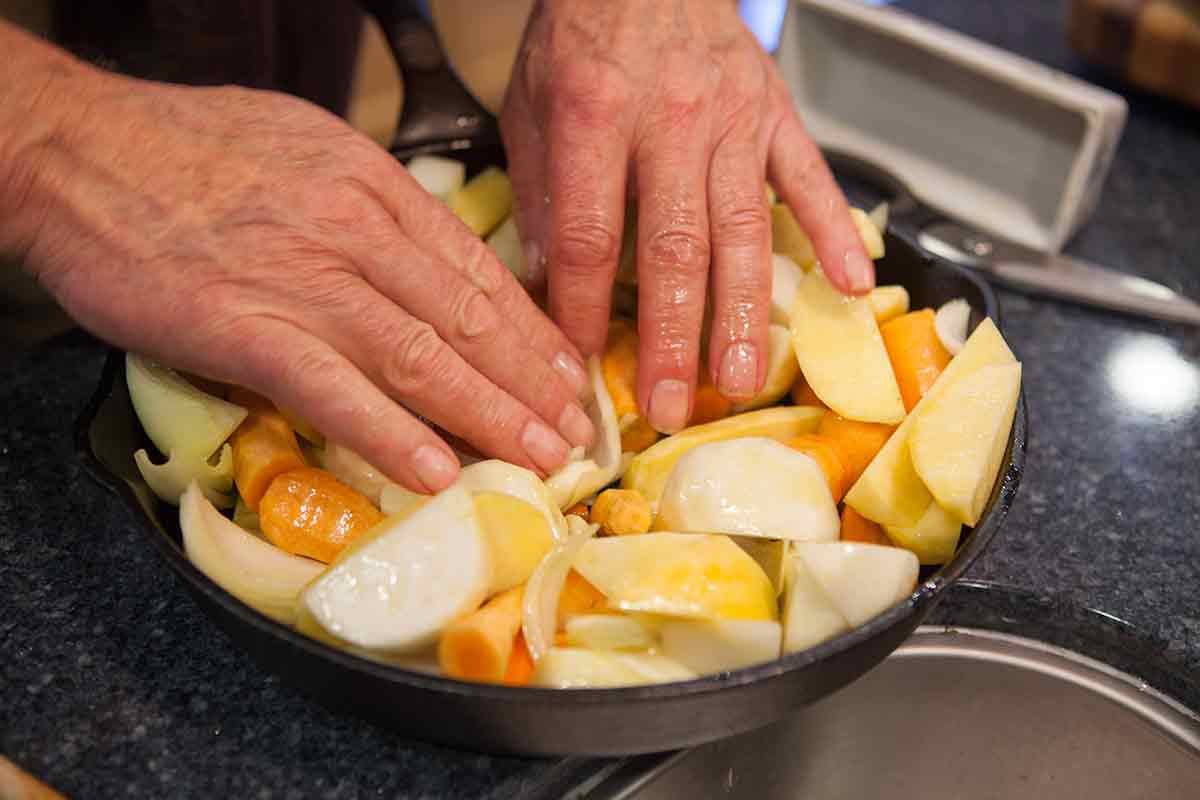 Preparing vegetables for Thomas Keller roasted chicken