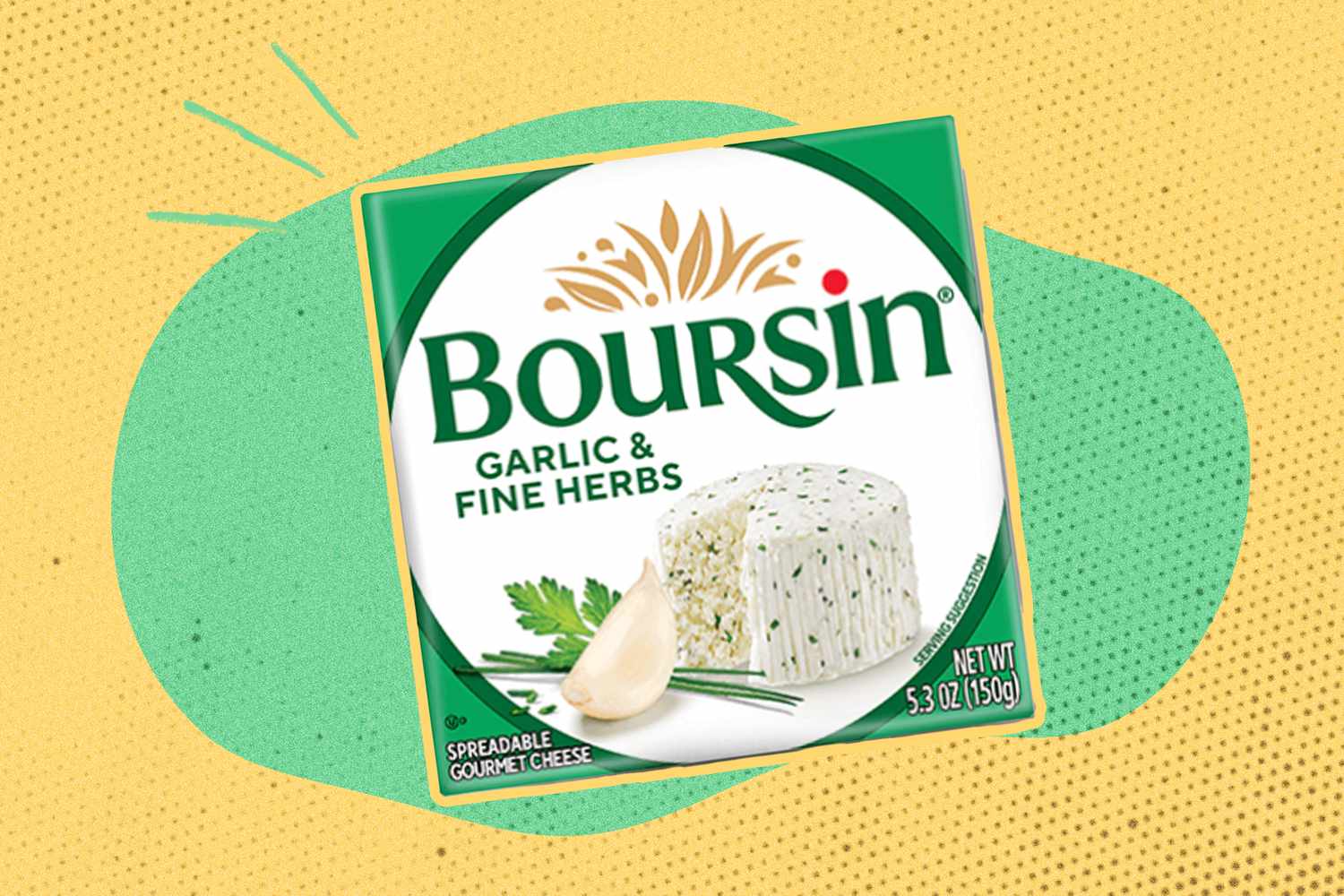 A Boursin garlic and fine herbs cheese package on an illustrated green and yellow background