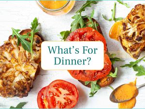 "What's For Dinner" with Cauliflower Steak Sandwiches pictured behind the caption.