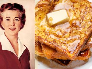 A retrostyle portrait of a woman next to a plate of French toast with a pat of butter on top