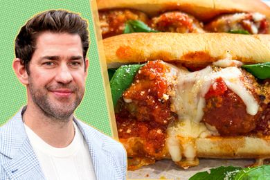 John Krasinski next to a sandwich with meatballs and basil