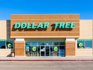 Photo of a Dollar Tree store front with sign and blue sky visible above