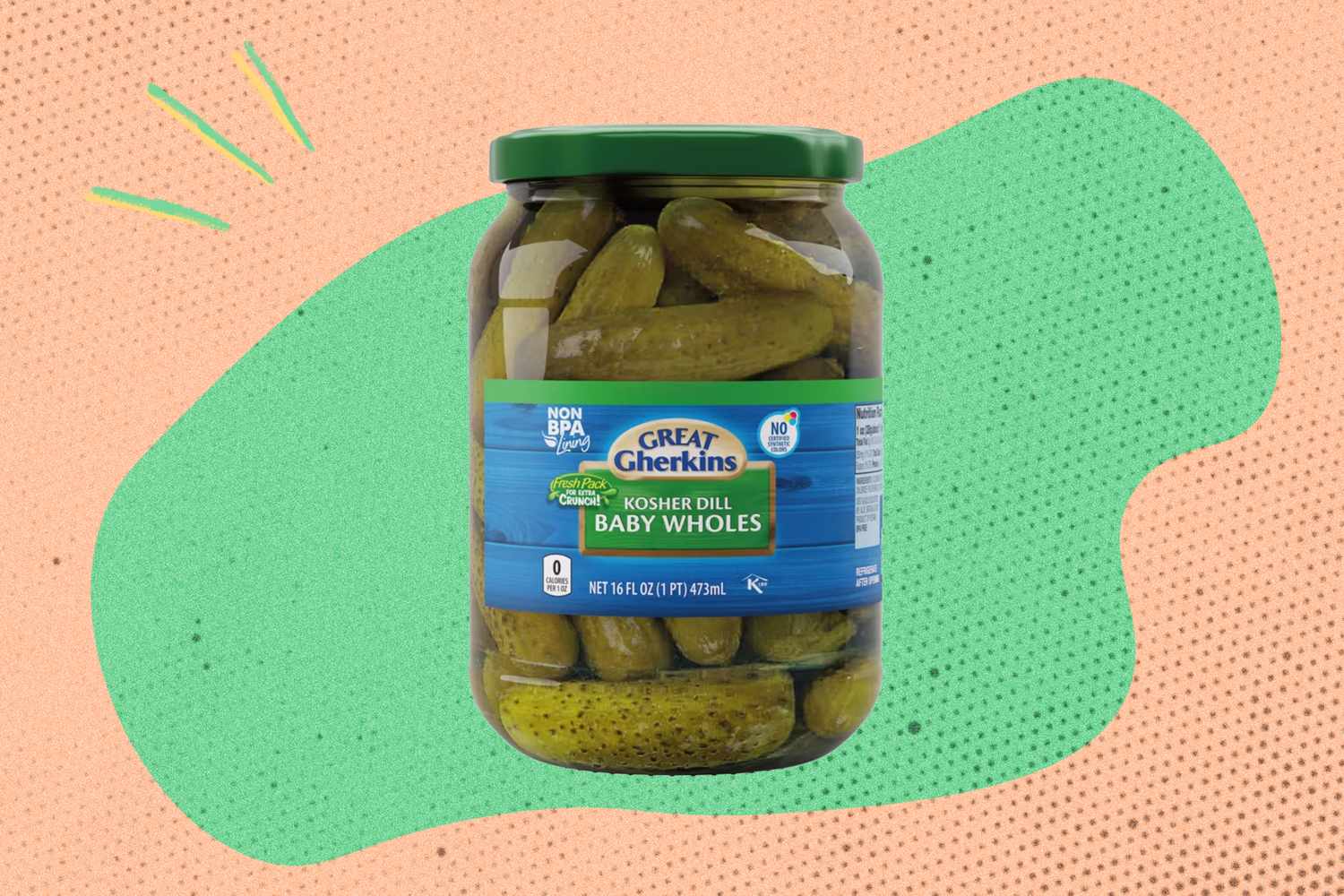 Jar of kosher dill baby whole pickles on a colorful background