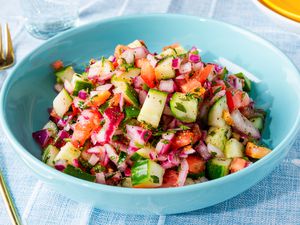kachumber salad in a blue bowl