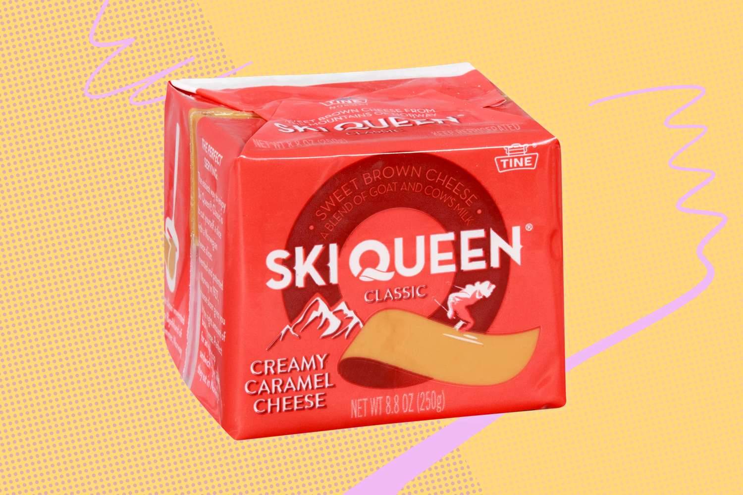 Package of Ski Queen creamy caramel cheese against a stylized background