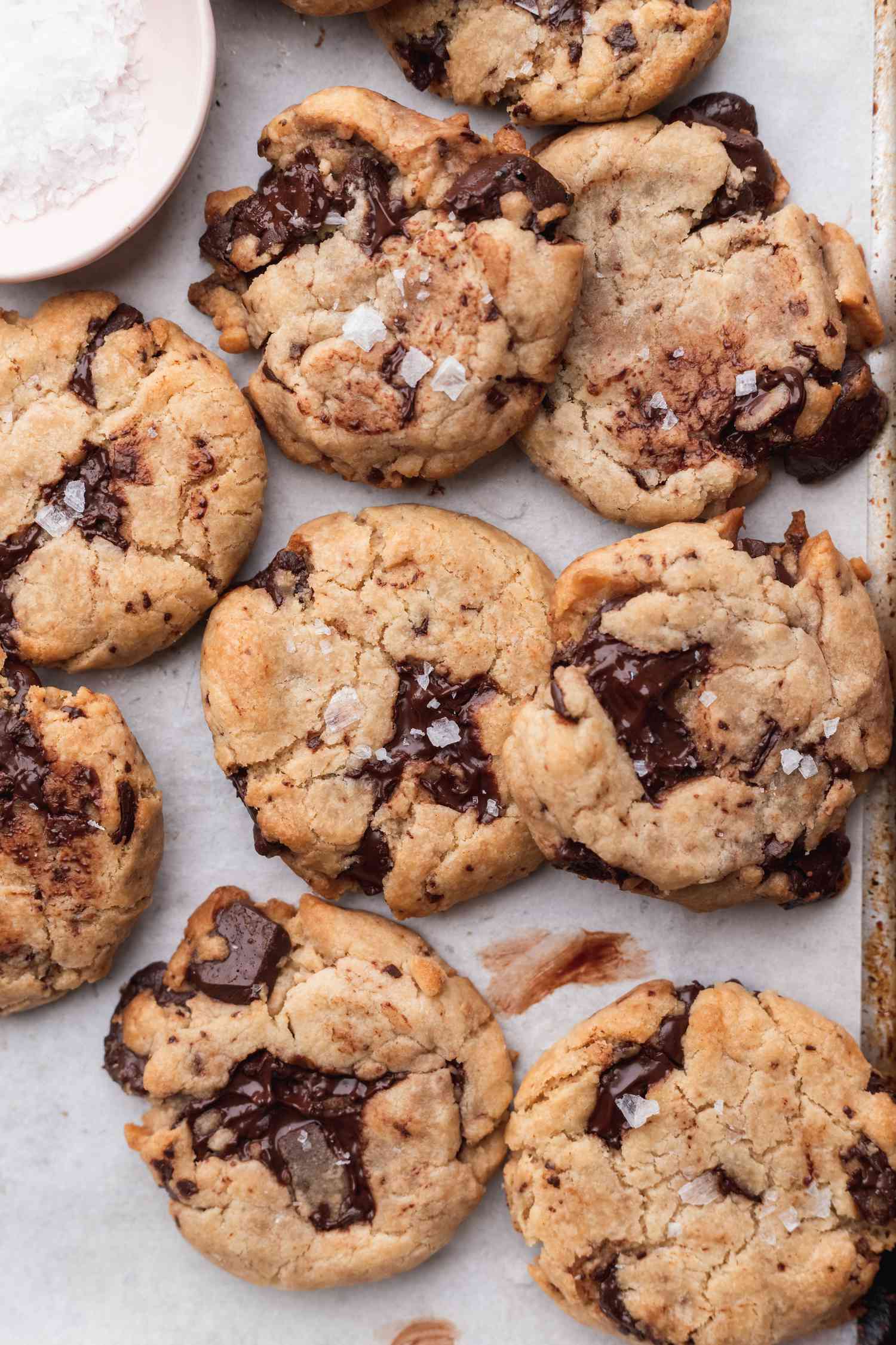 The best vegan chocolate chip cookies on a baking sheet.