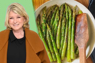 Martha Stewart photo cut-out on a green background next to a photo of roasted asparagus in a bowl