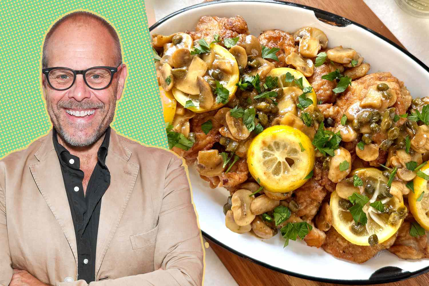 Alton Brown next to a dish of prepared chicken with lemon and herbs