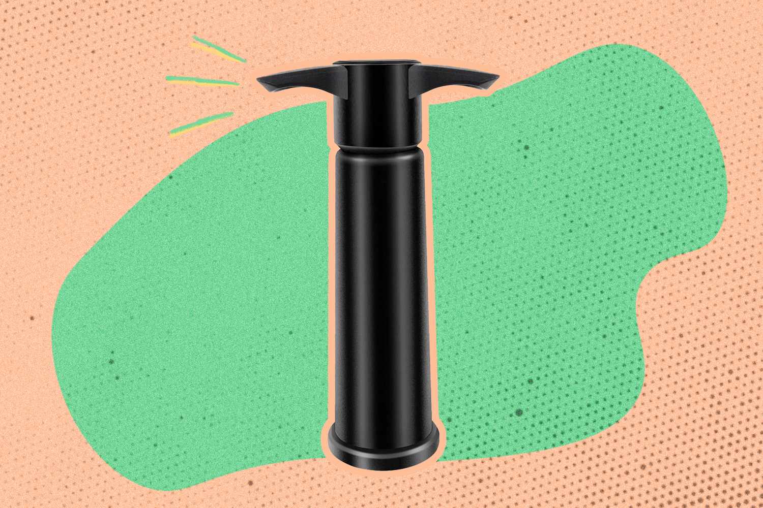 A black wine vacuum pump against a stylized green and peach background