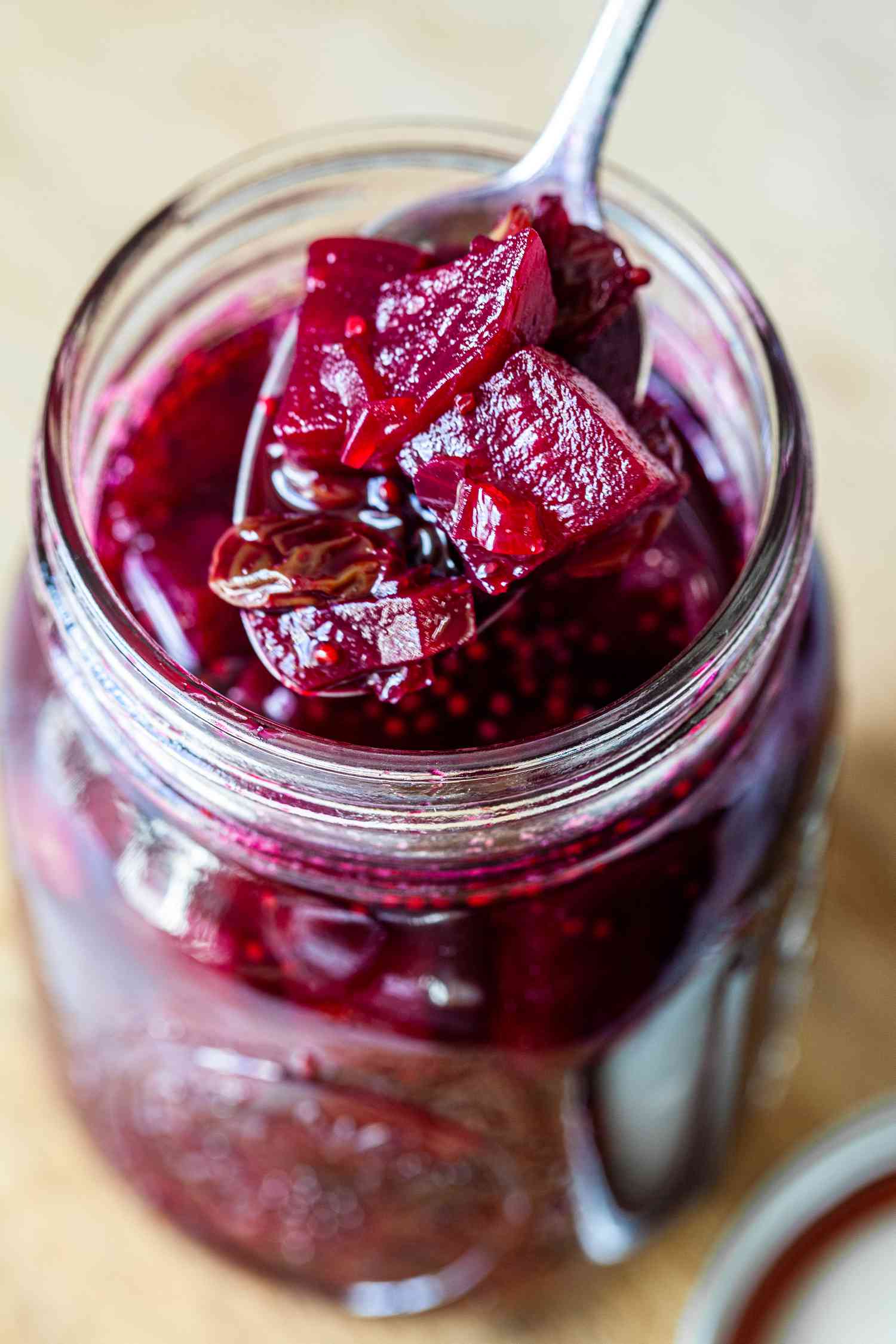 Beet Chutney on a Spoon with More in the Jar 