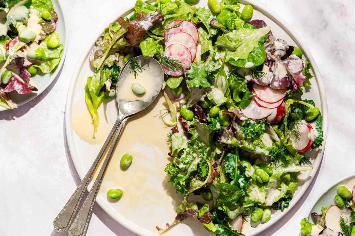 Salad with mixed greens, radish slices, edamame, and a creamy yogurt-based dressing served on a plate with a spoon