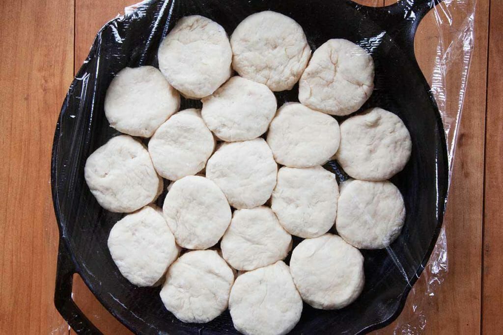 Cover angel biscuits with plastic wrap and let rise in pan for 1 hour.