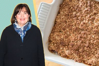 A split image of Ina Garten and her plum crumble in a white baking dish