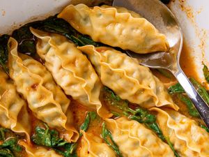 close up of Dumpling Bake With Peanut Butter Sauce