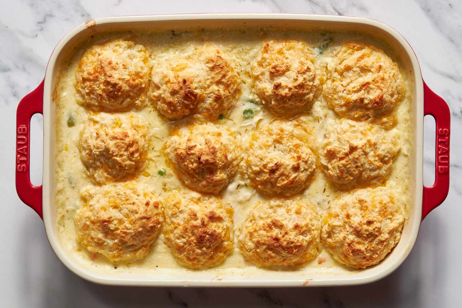 Baked chicken cobbler with cheddar bay biscuit top