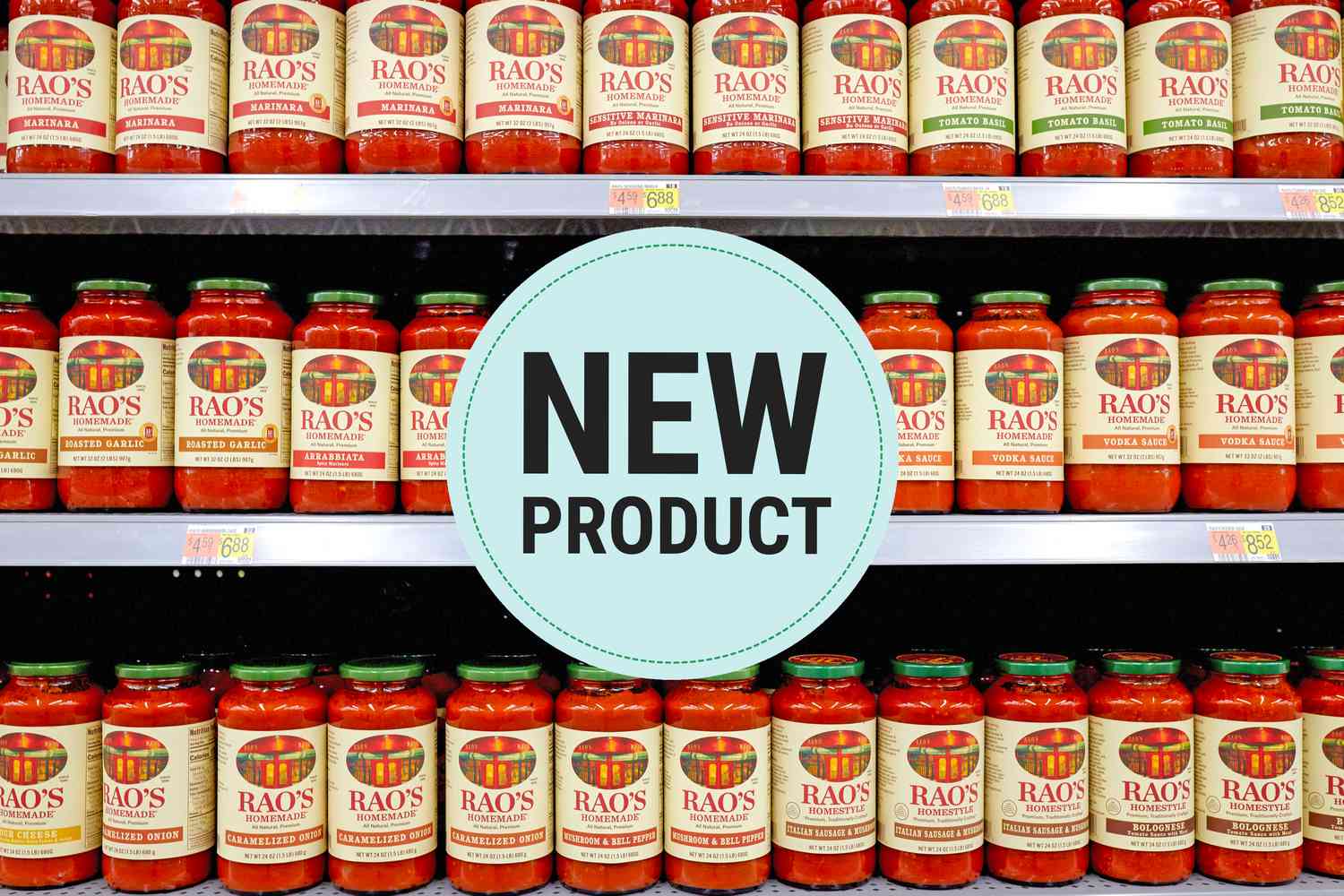 Jars of Rao's marinara sauce displayed on store shelves, a "New Product" sign in the center