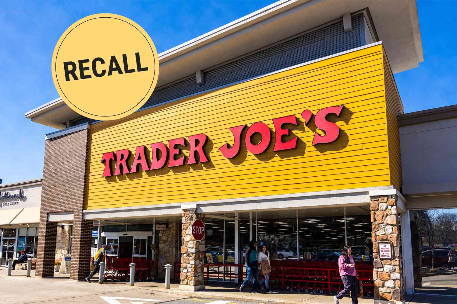 Trader Joe's storefront with a recall graphic over top
