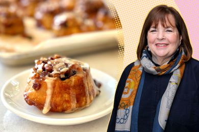 Ina Garten alongside a plate featuring a sticky bun dessert