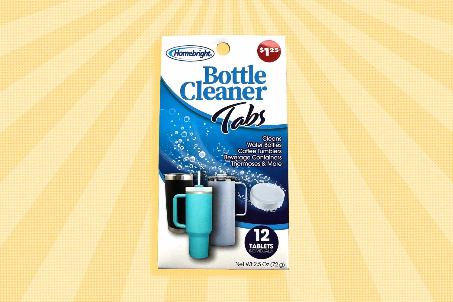 A box of Homebright bottle cleaner tabs—the label shows a selection of water bottles and tumblers