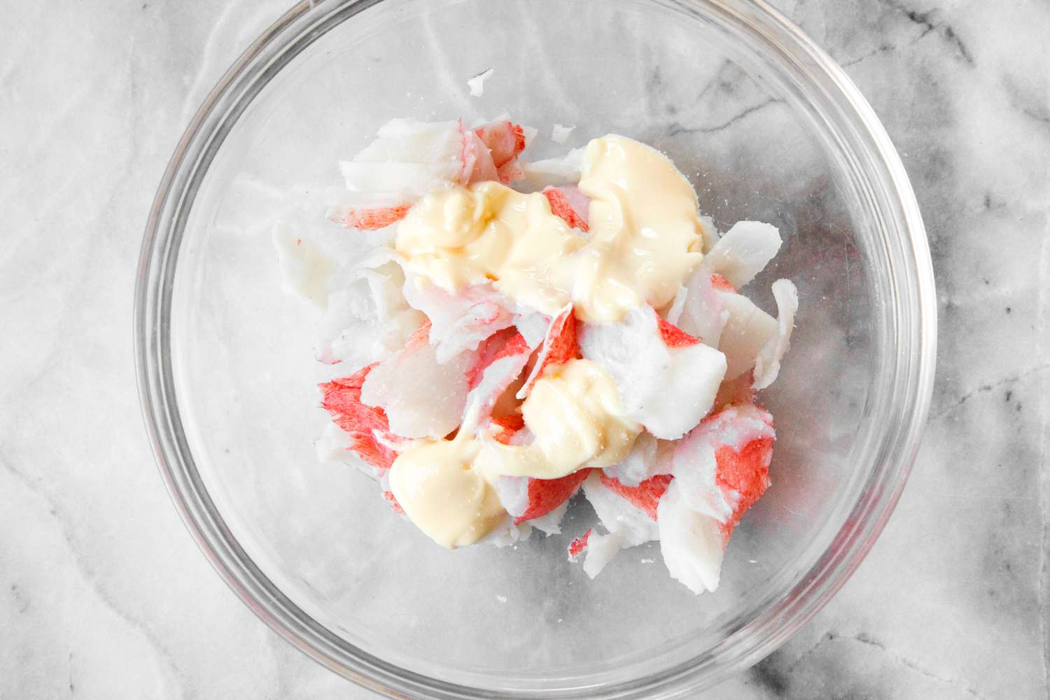 Bowl of Imitation Crab, Kewpie Mayonnaise, and Salt for California Roll Recipe