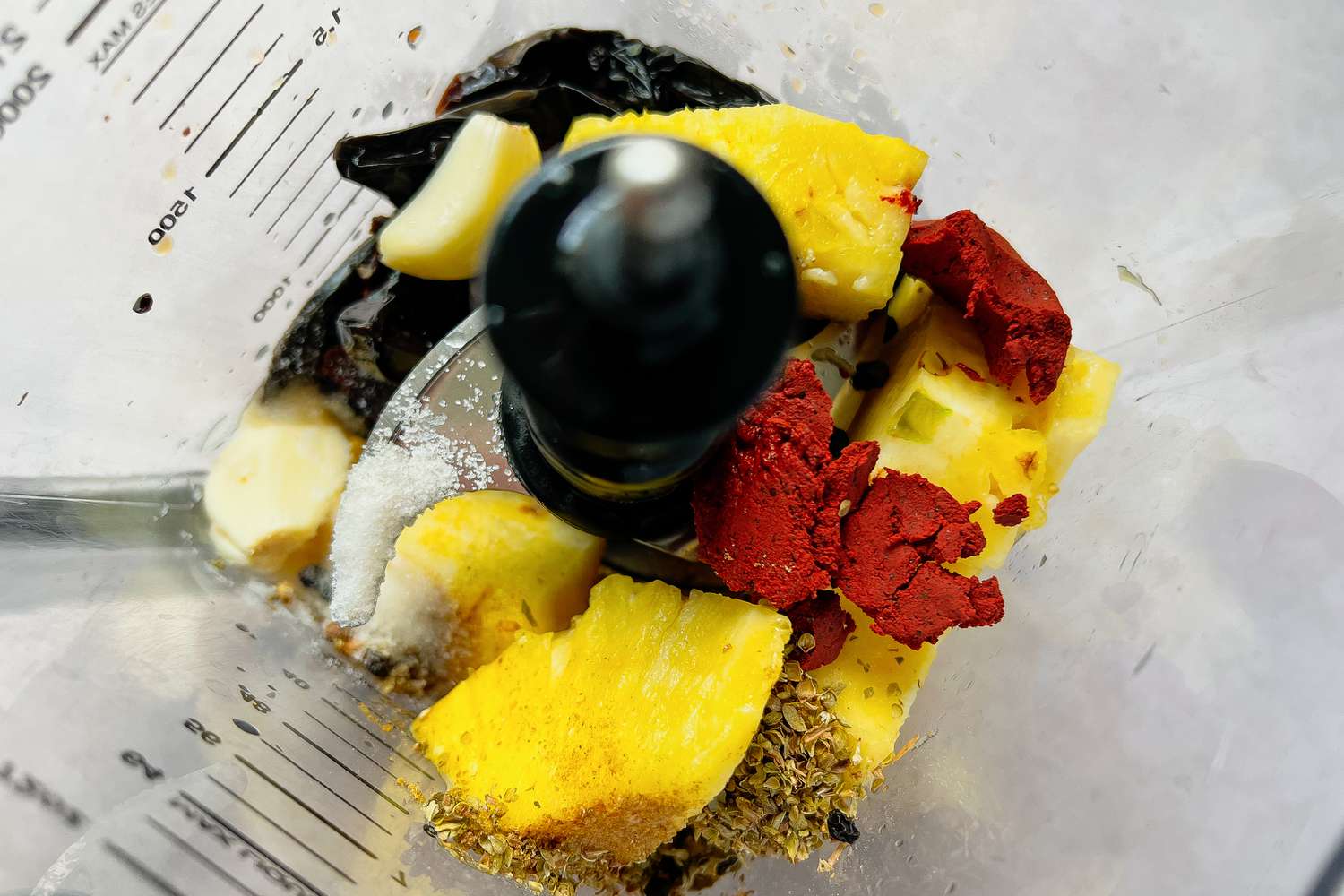 Peppers, Pineapple, and Garlic in Blender for Tacos al Pastor