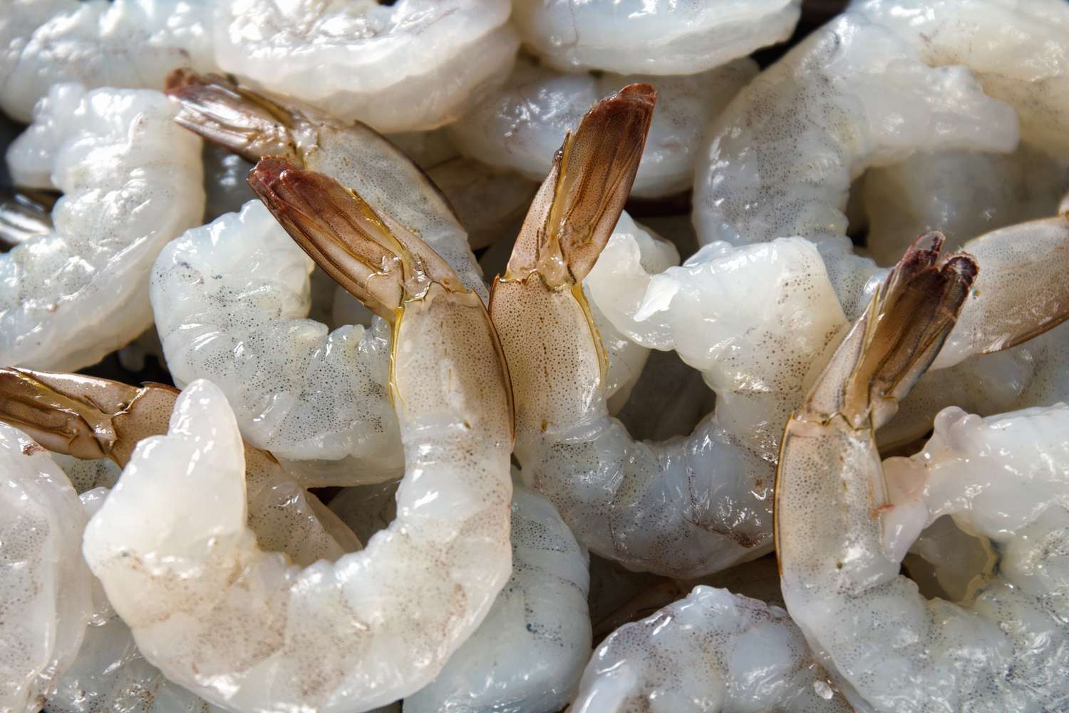A collection of raw shrimp with tails