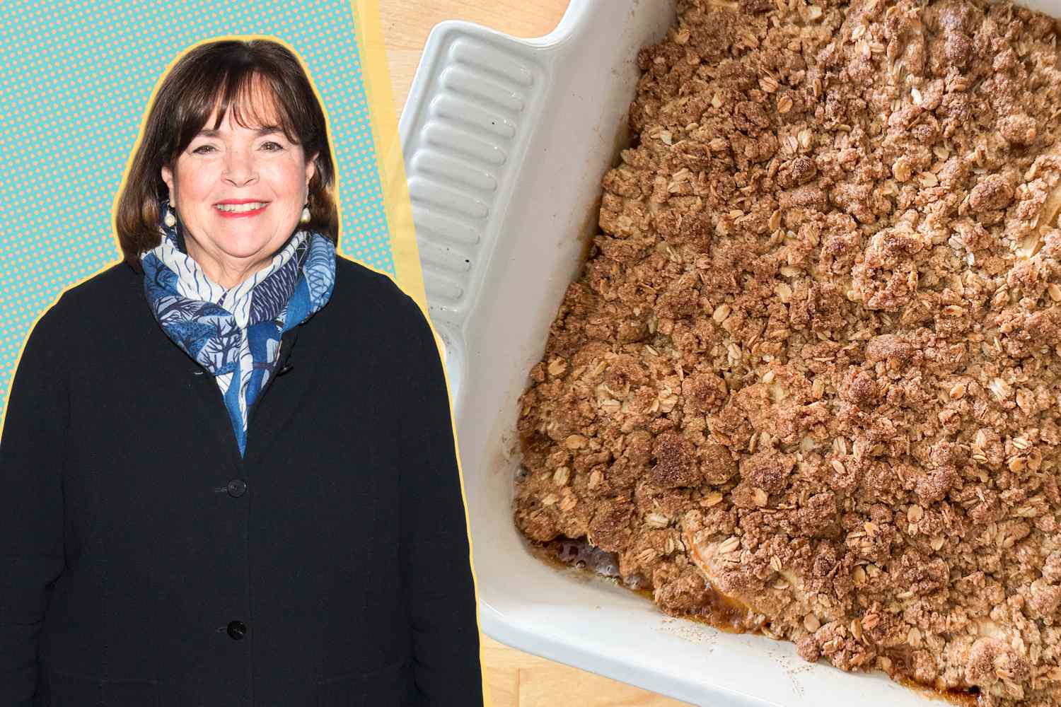 A split image of Ina Garten and her plum crumble in a white baking dish