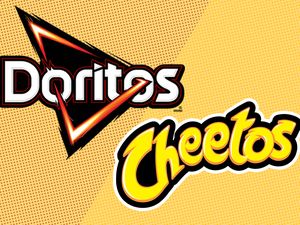 Logos of Doritos and Cheetos with stylized typography on a yellow background