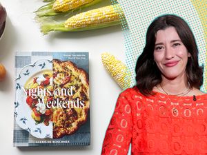 A split image of Alexis de Boschnek and her cookbook Nights and Weekends, with corn and peaches in the background