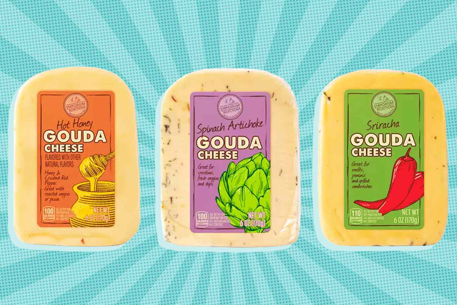 ALDI Gouda packaging over a colorful background