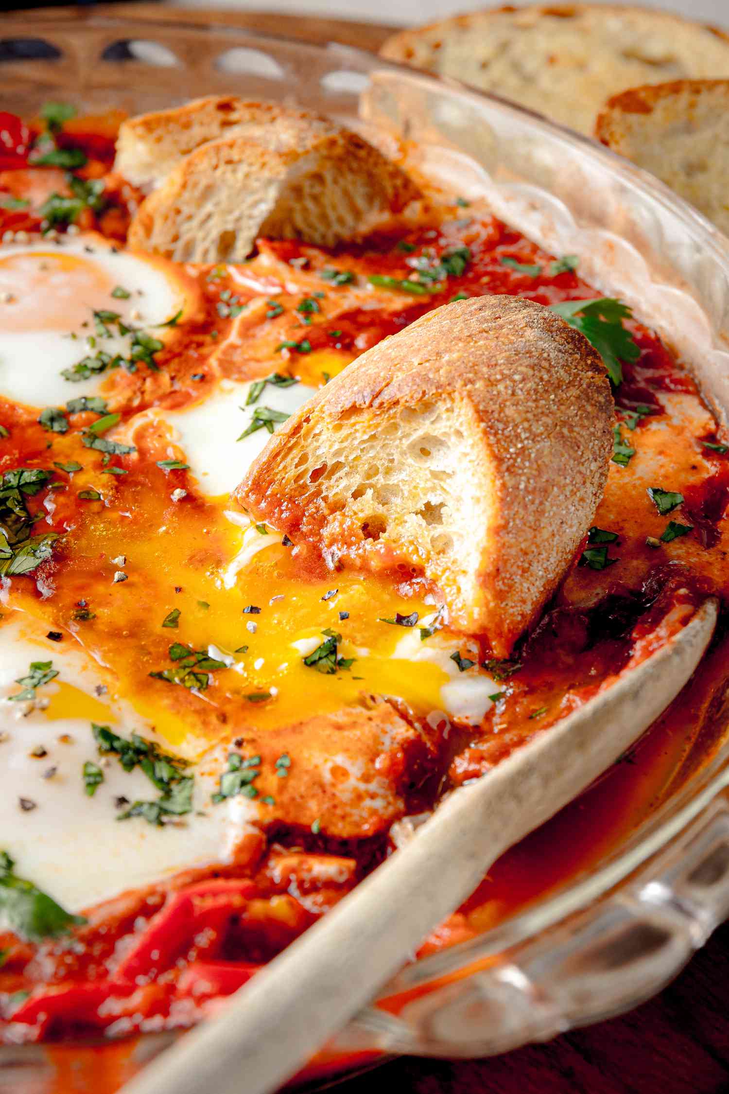 Microwave Shakshuka with a Piece of Bread Dipped into It