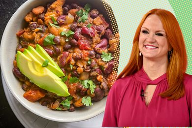 Ree Drummond with a bowl of chili garnished with avocado and herbs