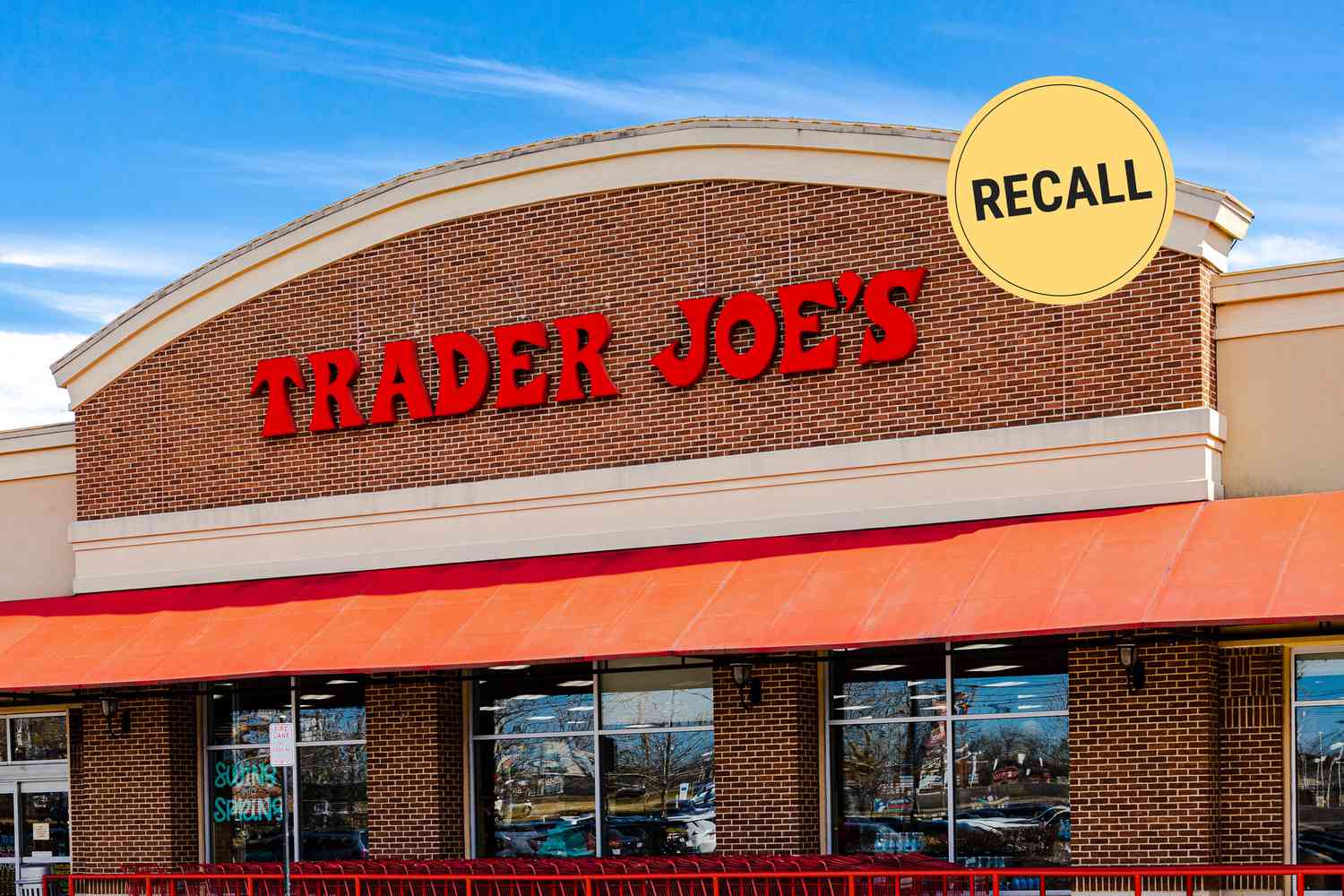 Trader Joes storefront with a recall graphic over top