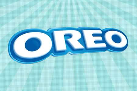 The Oreo logo with bold white letters on a blue background featuring radial lines