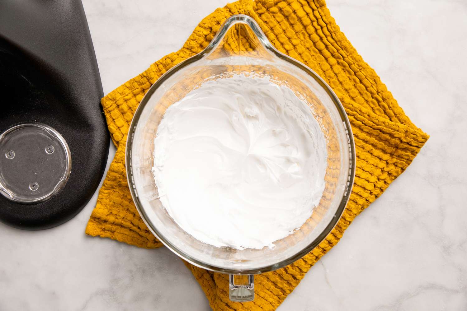 overhead view of meringue in mixing bowl for Southern Banana Pudding