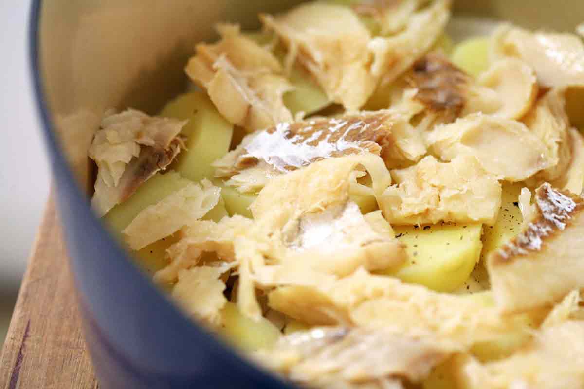 layer bacaloa in the portuguese salt cod stew