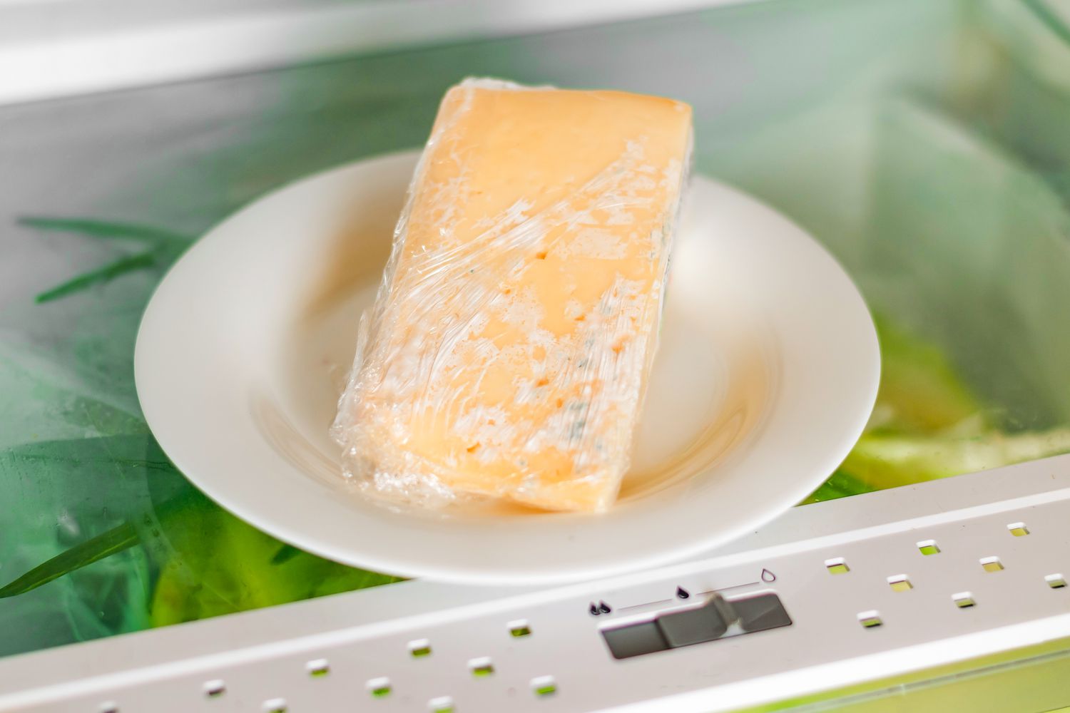 Moldy cheese wrapped in cling film on a refrigerator shelf
