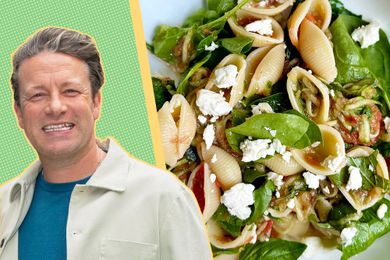 A split image of Jamie Oliver and a plate of pasta salad
