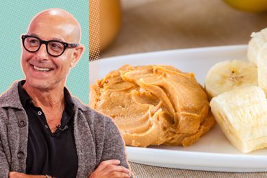 Stanley Tucci next to a photo of a plate with a big scoop of peanut butter on it next to some sliced banana