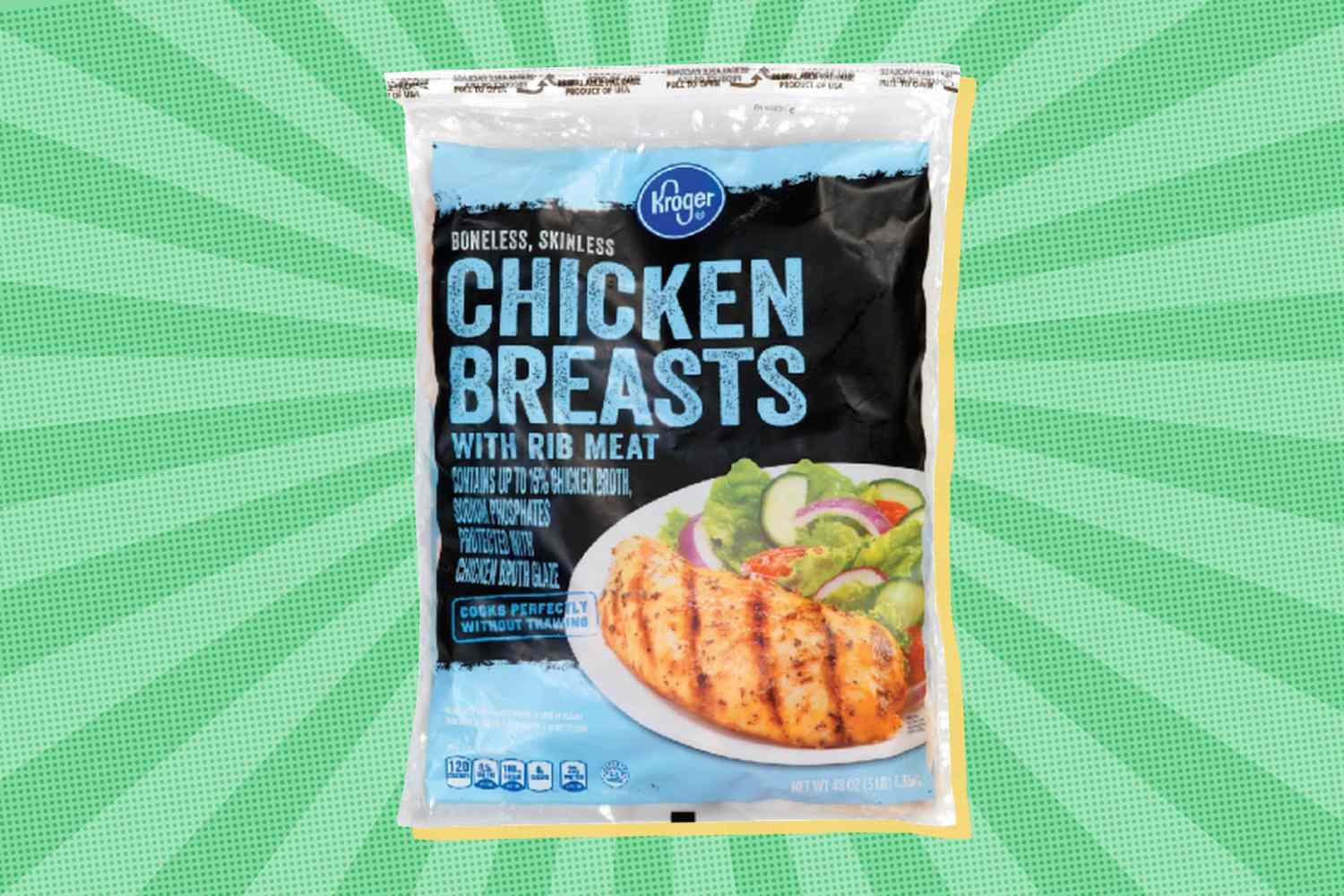 A bag of Kroger brand frozen chicken breasts against a green burst background