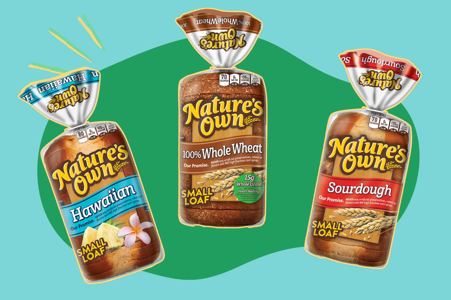 Nature's Own Hawaiian, 100% Whole Wheat, and Sourdough small loaves displayed on a light background