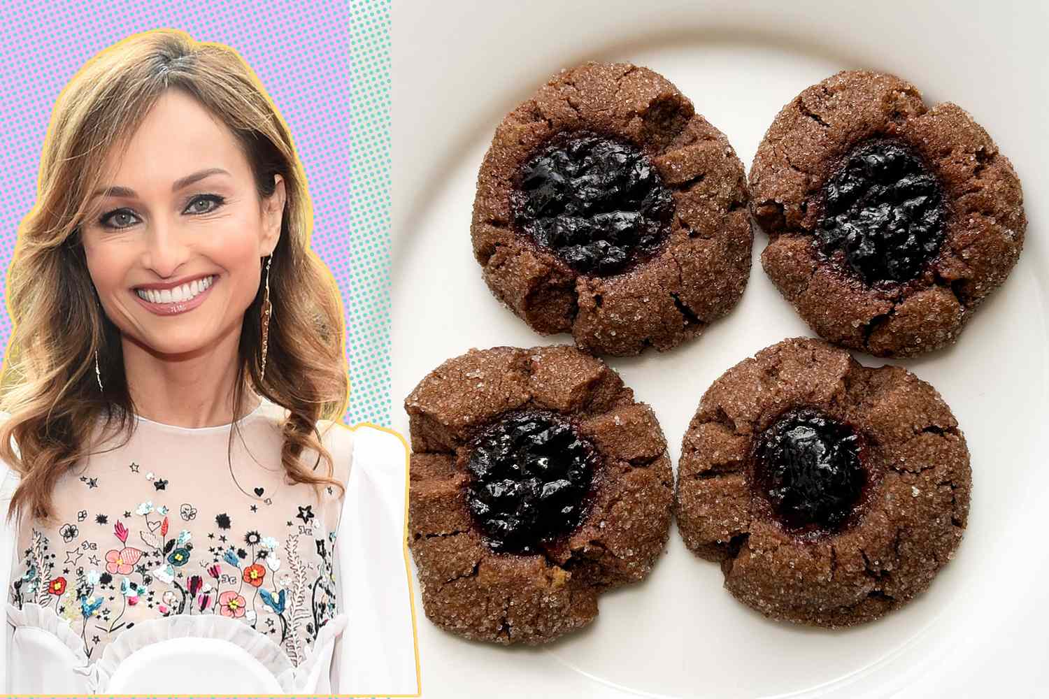 Giada De Laurentiis next to a plate of cookies with a jam center