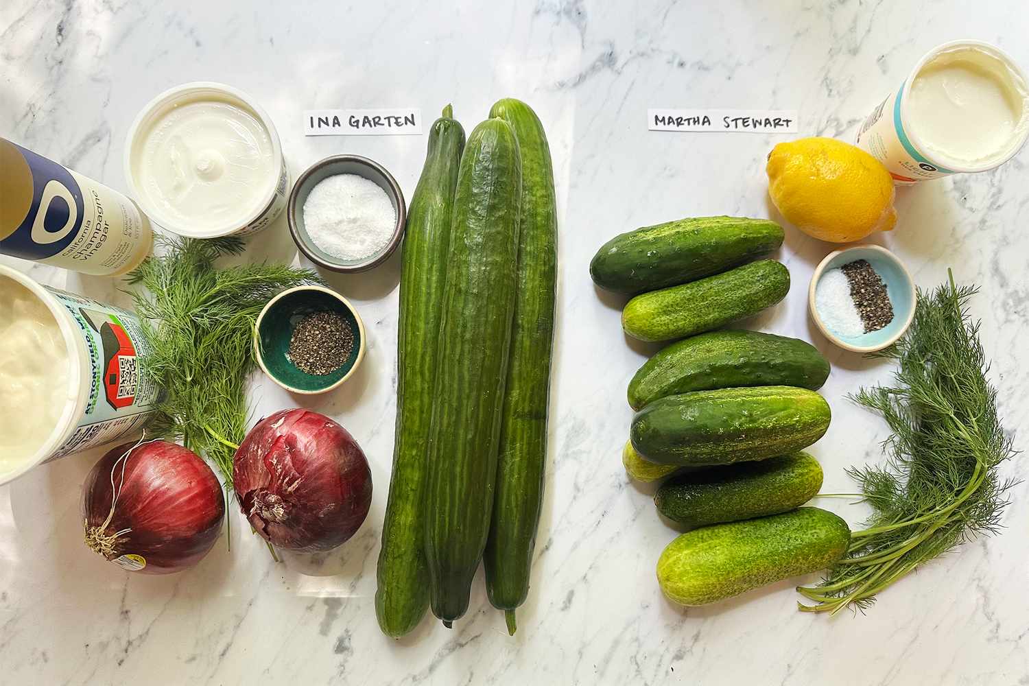 Two sets of ingredients for cucumber salads labeled Ina Garten and Martha Stewart