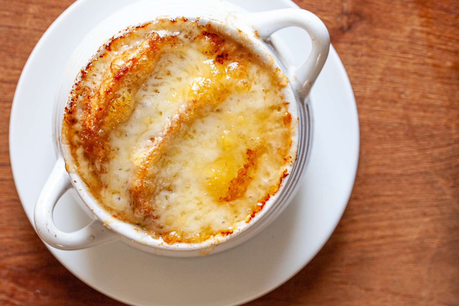 Vegetarian French onion soup with mushroom broth.